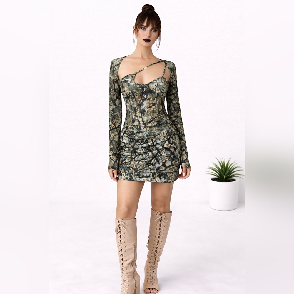 Asymmetric Olive Green Ruched Mini Dress